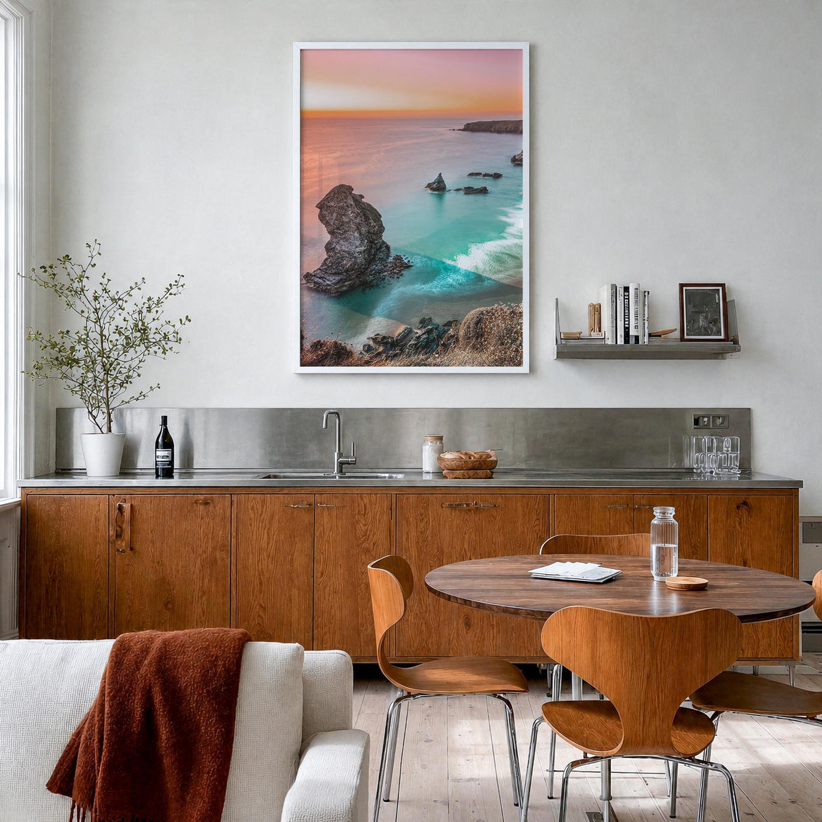 Sunset Cliffs no. 1 colorful photo poster of San Diego, California – vertical wall art in white wood frame, hanging on wall