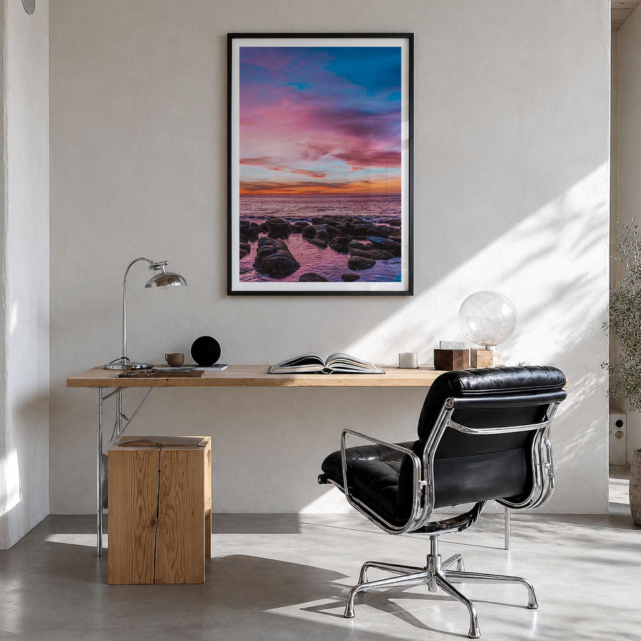 Sunset Cliffs no. 2 colorful photo poster of San Diego, California – vertical wall art in black wood frame with white border,