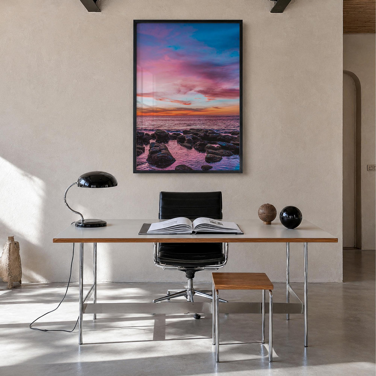 Sunset Cliffs no. 2 colorful photo poster of San Diego, California – vertical wall art in black wood frame, hanging on wall