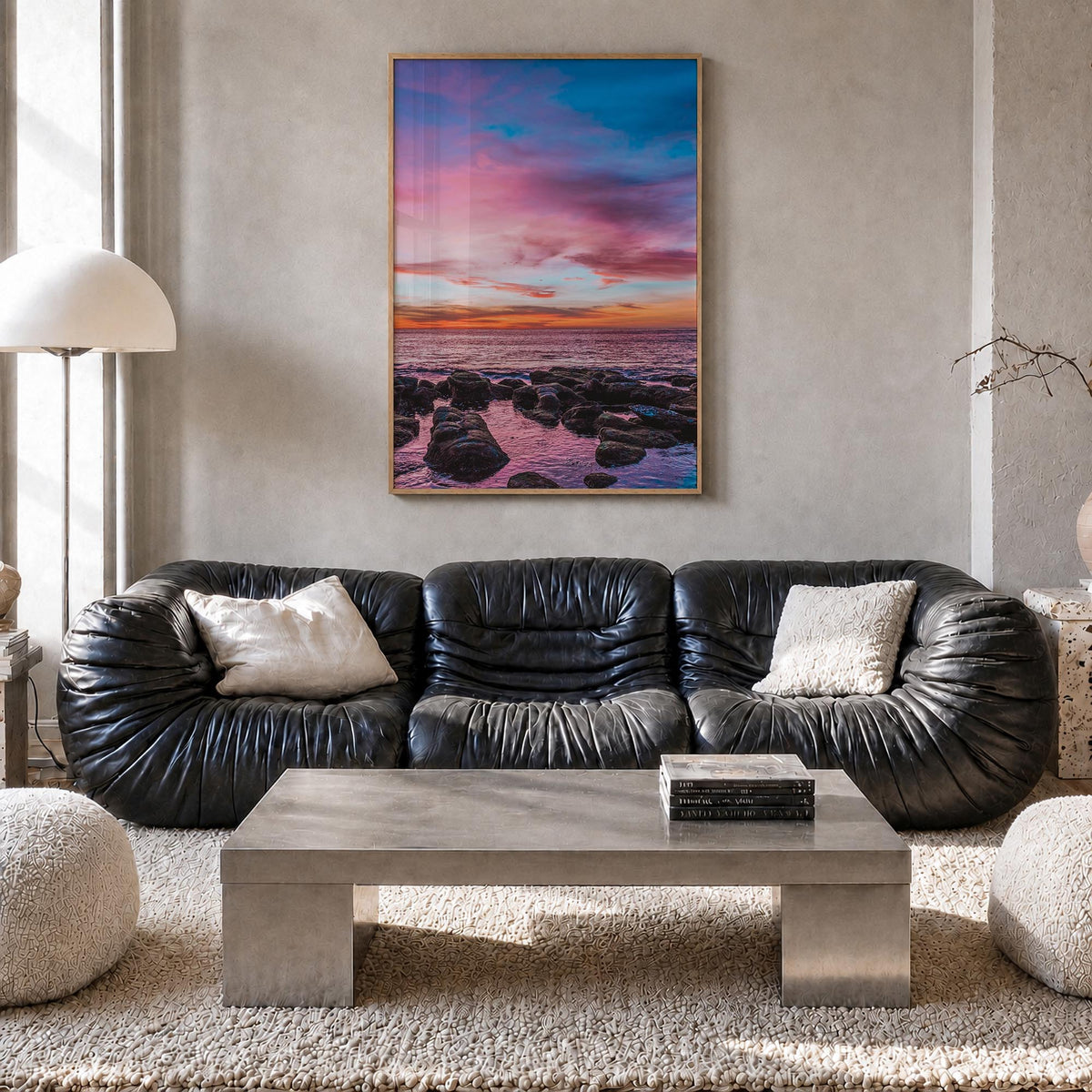 Sunset Cliffs no. 2 colorful photo poster of San Diego, California – vertical wall art in natural wood frame, hanging on wall