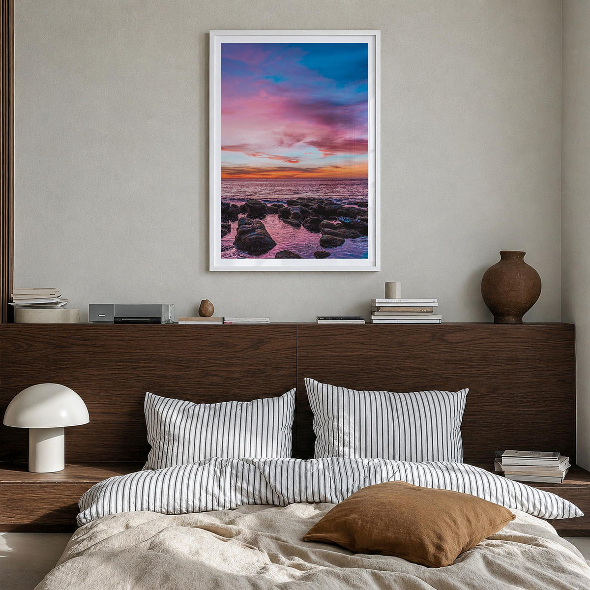 Sunset Cliffs no. 2 colorful photo poster of San Diego, California – vertical wall art in white wood frame with white border,