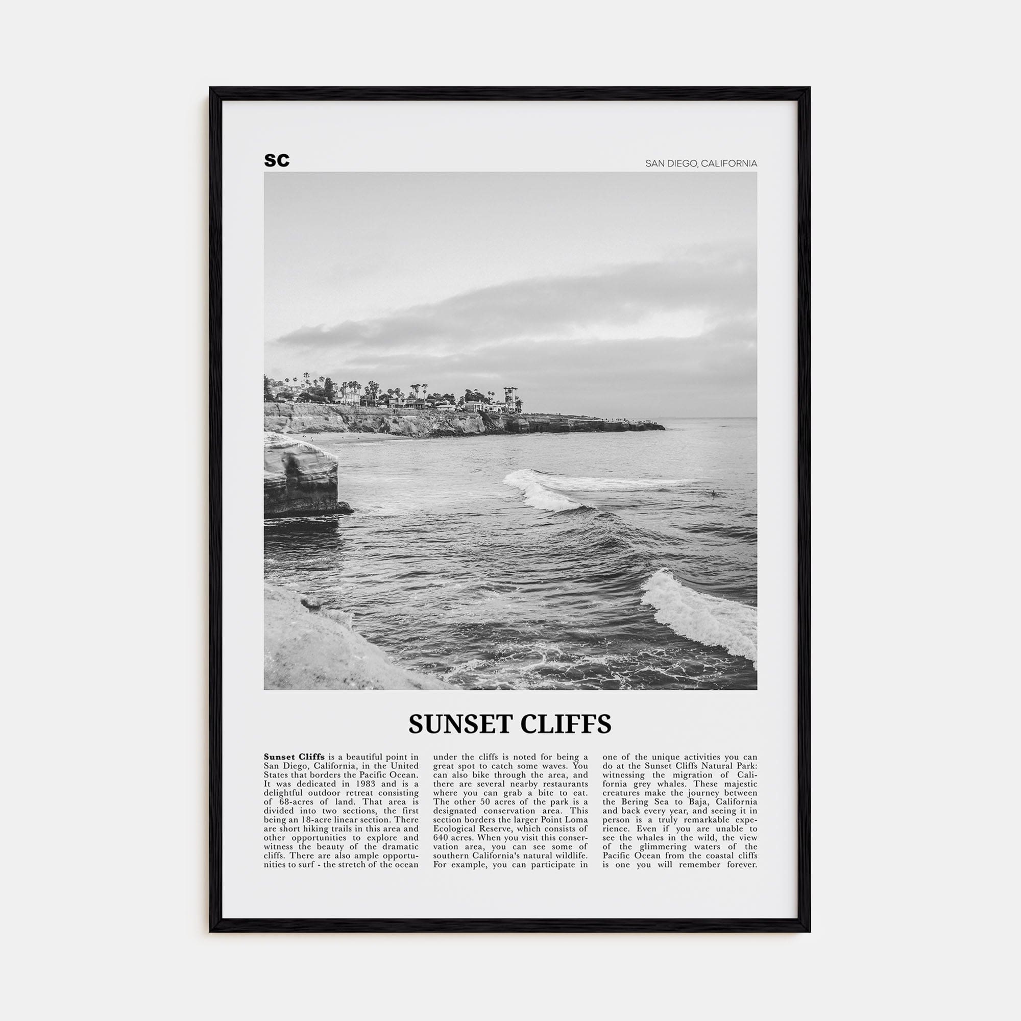 Sunset Cliffs Poster Black Wood / 8x12 in Nbourhood Travel B&W Poster