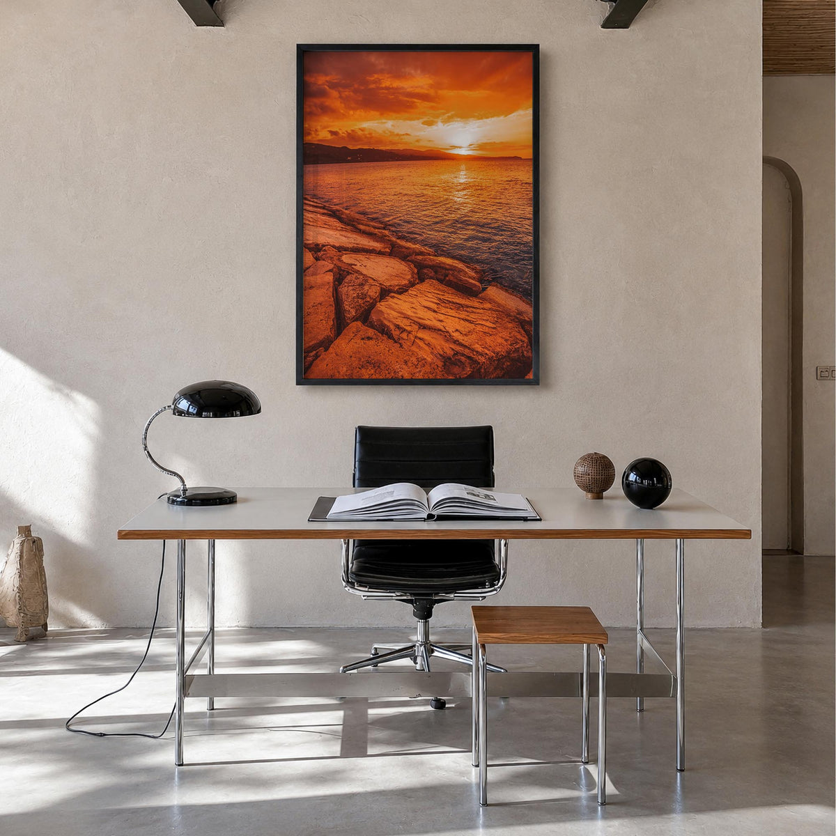 Sunset Coast colorful photo poster – vertical wall art in black wood frame, hanging on wall