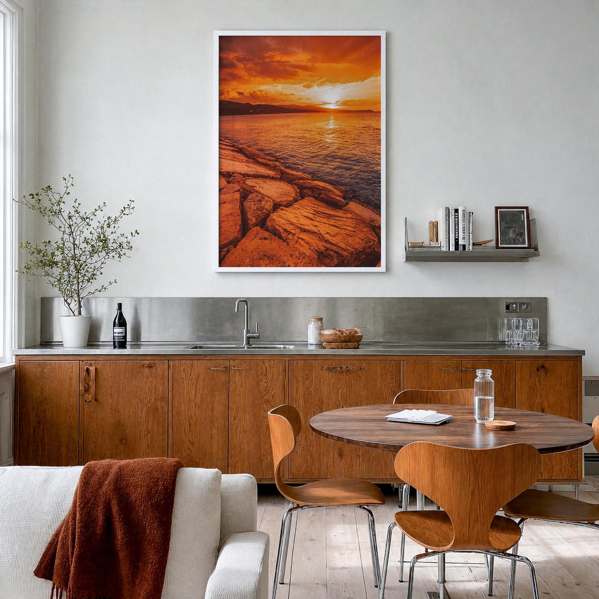 Sunset Coast colorful photo poster – vertical wall art in white wood frame, hanging on wall