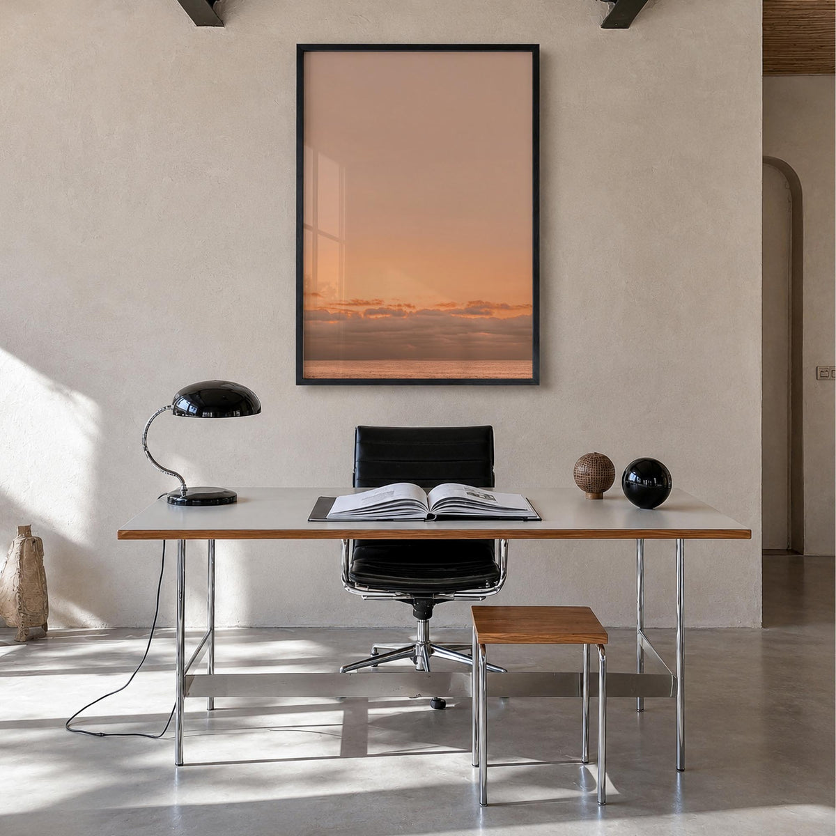 Sunset Ocean no. 1 colorful photo poster – vertical wall art in black wood frame, hanging on wall