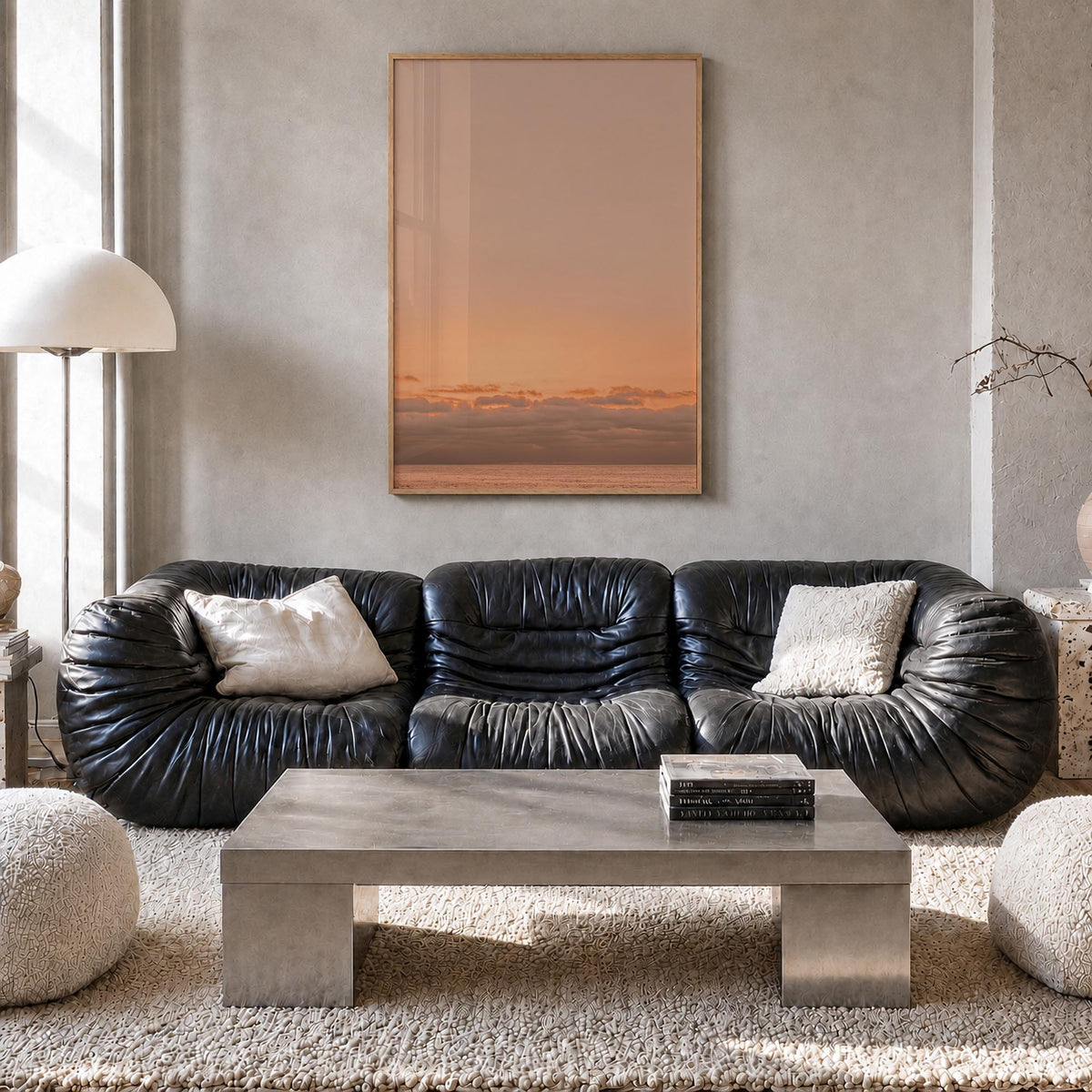 Sunset Ocean no. 1 colorful photo poster – vertical wall art in natural wood frame, hanging on wall