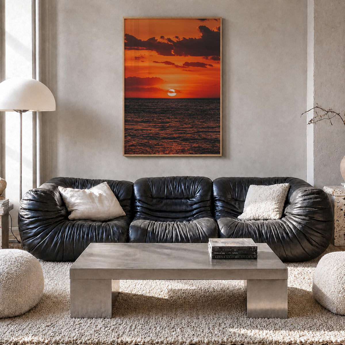 Sunset Ocean no. 2 colorful photo poster – vertical wall art in natural wood frame, hanging on wall