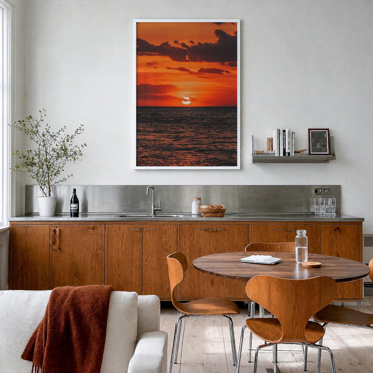 Sunset Ocean no. 2 colorful photo poster – vertical wall art in white wood frame, hanging on wall