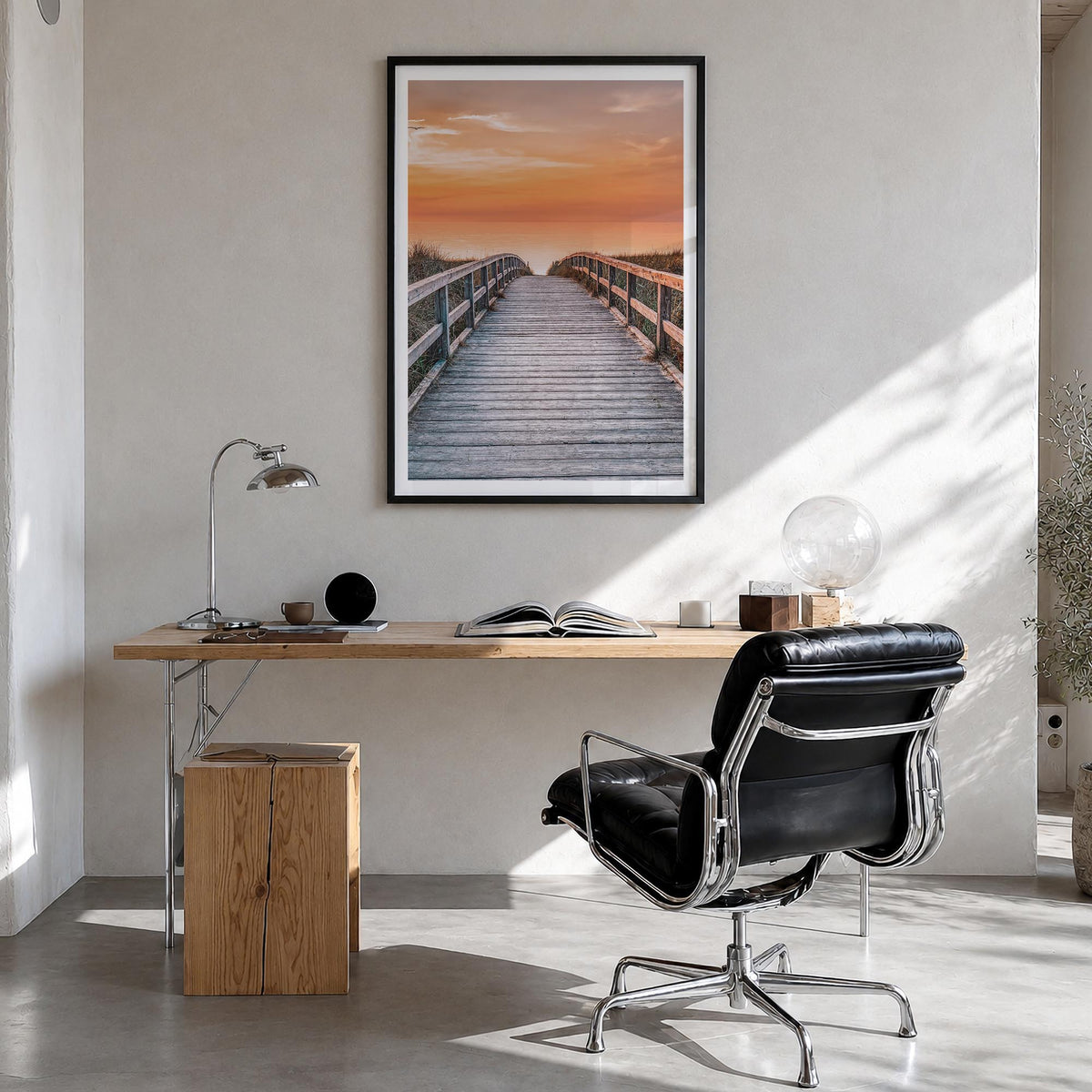 Sunset Road to the Beach colorful photo poster – vertical wall art in black wood frame with white border, hanging on wall