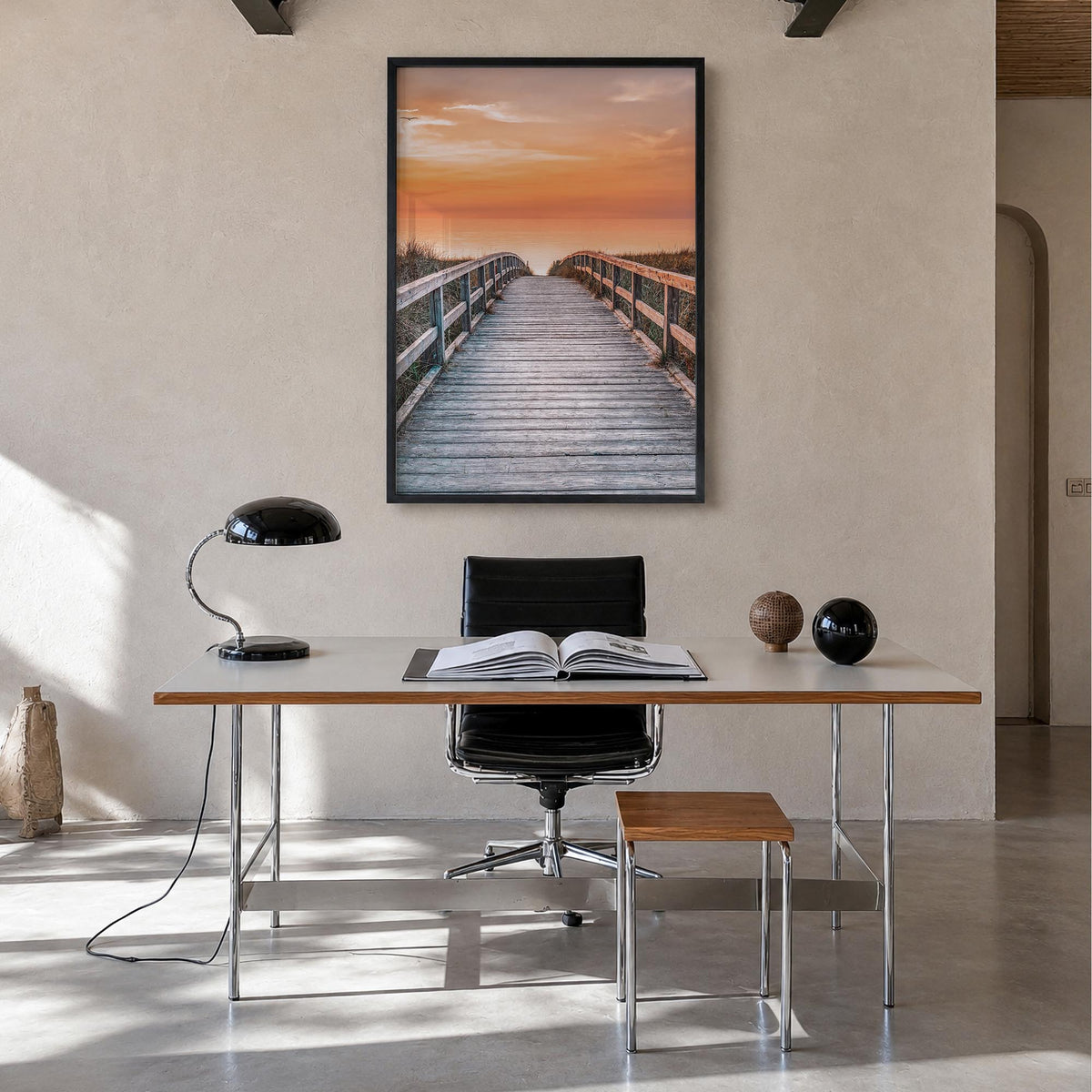 Sunset Road to the Beach colorful photo poster – vertical wall art in black wood frame, hanging on wall