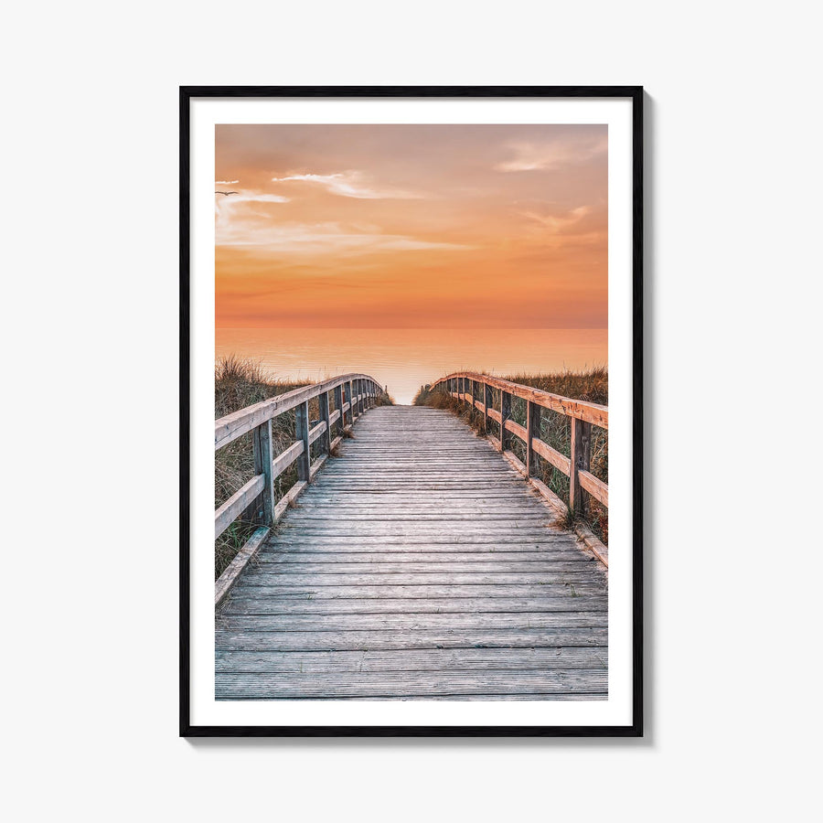 Sunset Road to the Beach colorful photo poster – vertical wall art, unframed print shown in interior mockup