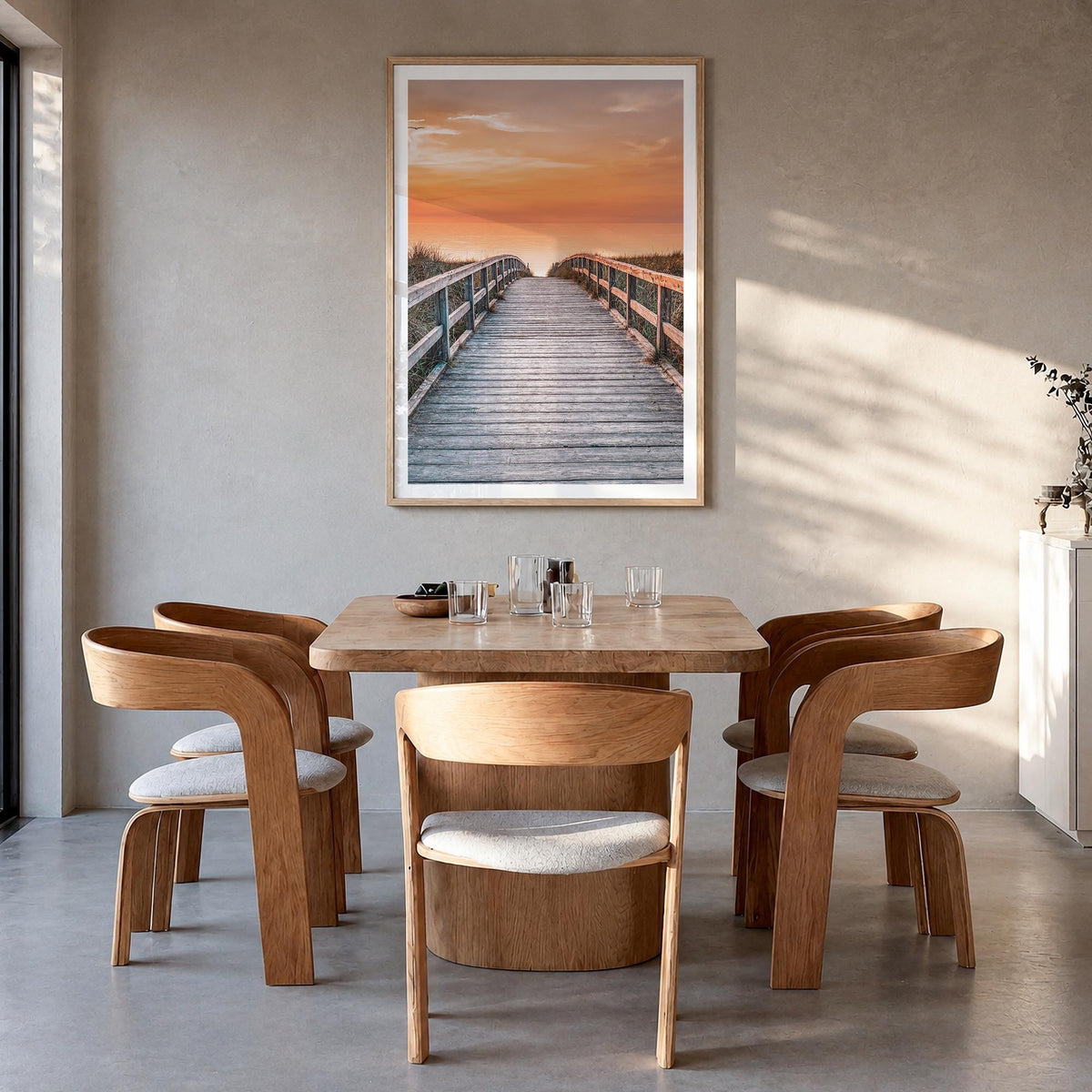 Sunset Road to the Beach colorful photo poster – vertical wall art in natural wood frame with white border, hanging on wall