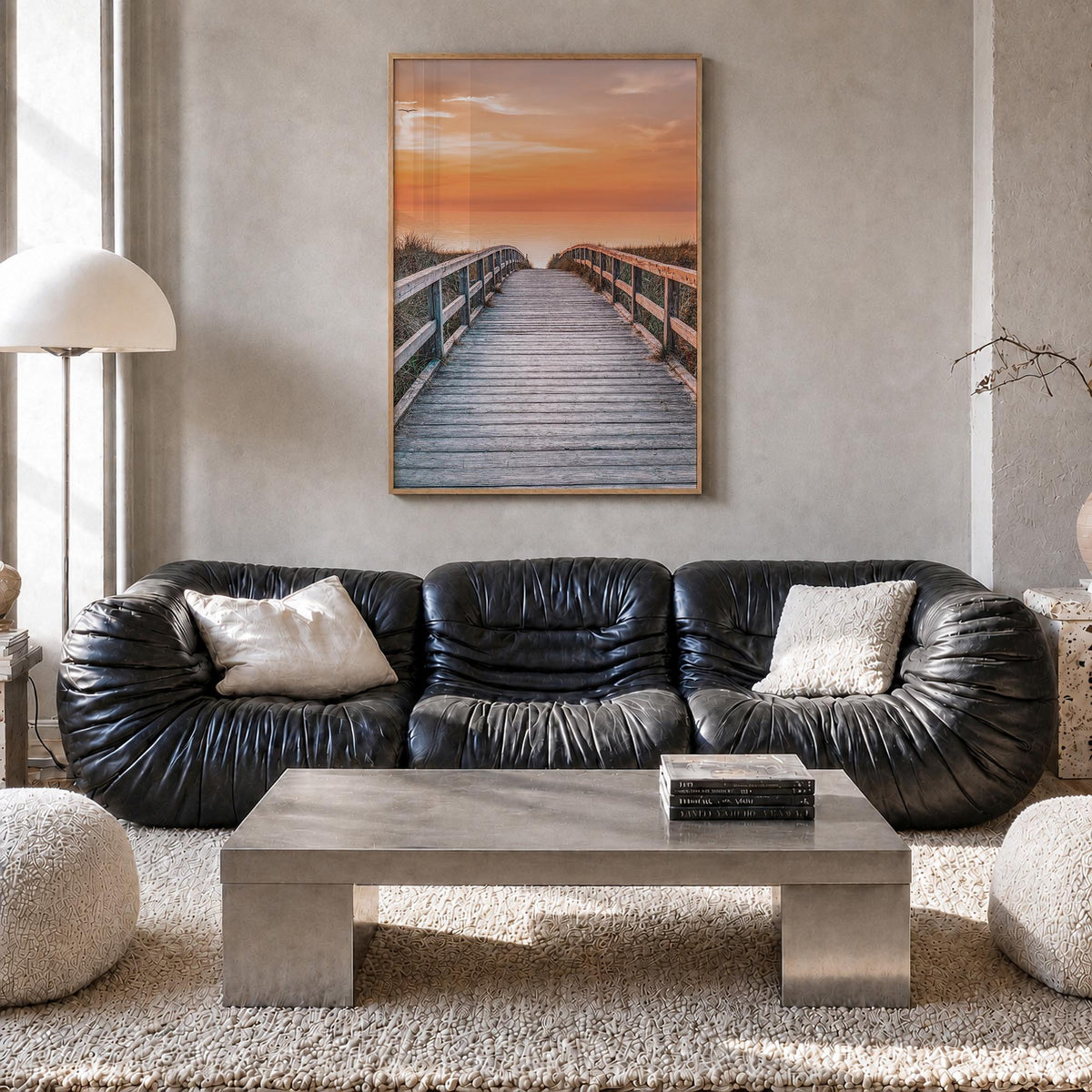 Sunset Road to the Beach colorful photo poster – vertical wall art in natural wood frame, hanging on wall
