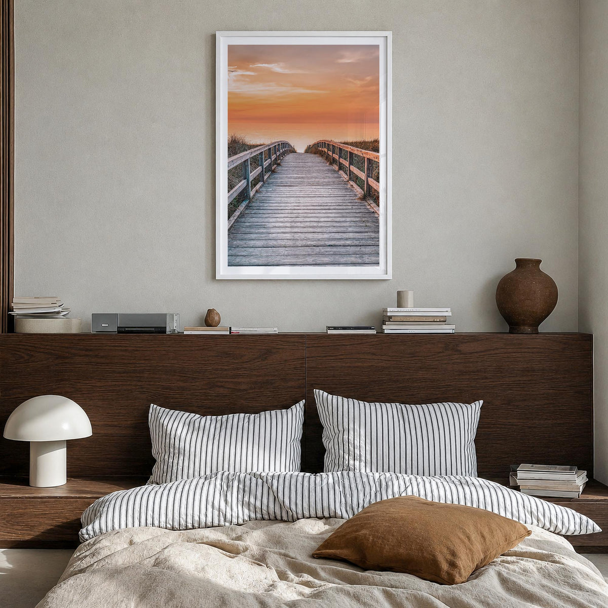 Sunset Road to the Beach colorful photo poster – vertical wall art in white wood frame with white border, hanging on wall