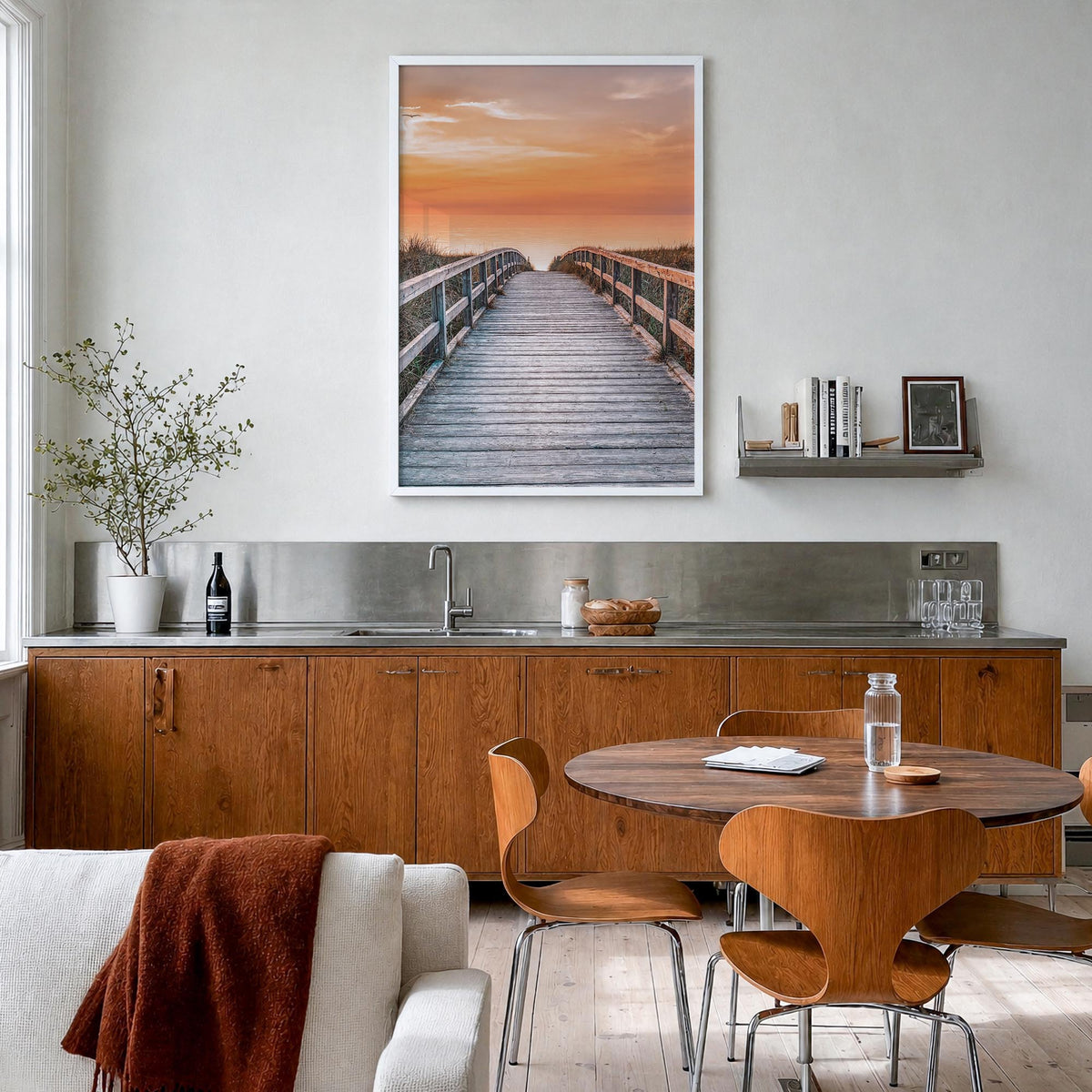 Sunset Road to the Beach colorful photo poster – vertical wall art in white wood frame, hanging on wall