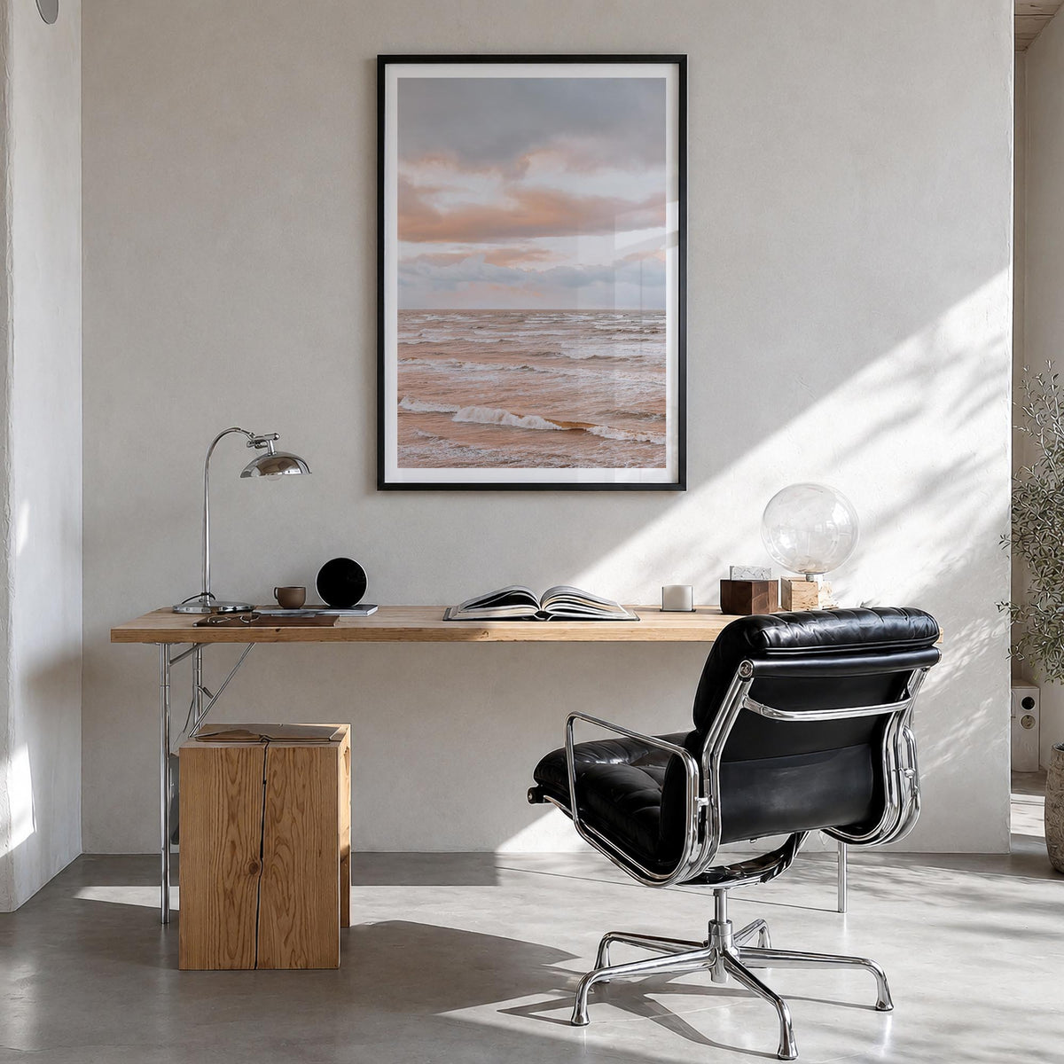 Sunset Waves no. 1 colorful photo poster – vertical wall art in black wood frame with white border, hanging on wall