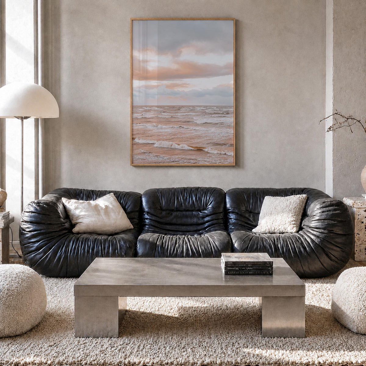 Sunset Waves no. 1 colorful photo poster – vertical wall art in natural wood frame, hanging on wall