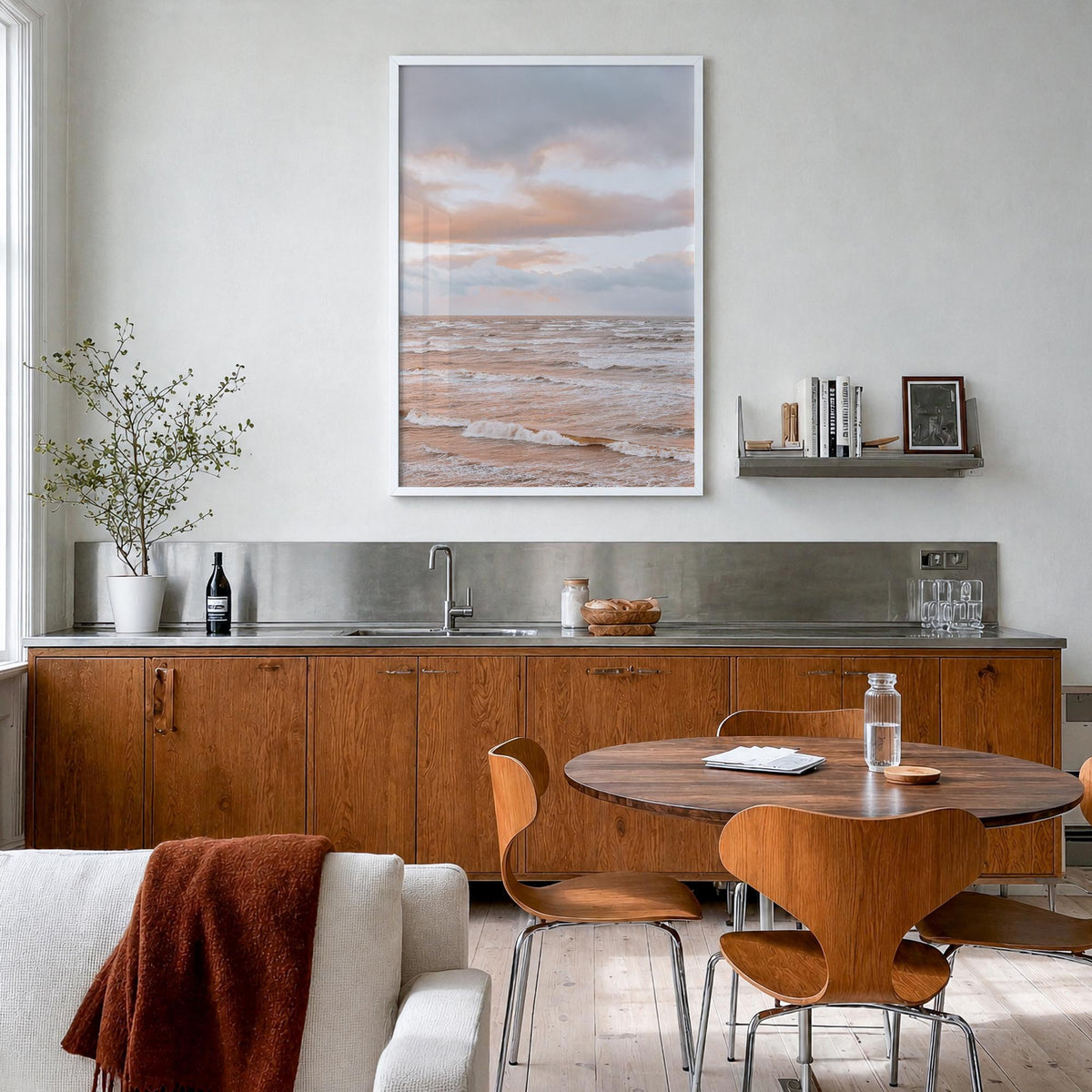 Sunset Waves no. 1 colorful photo poster – vertical wall art in white wood frame, hanging on wall
