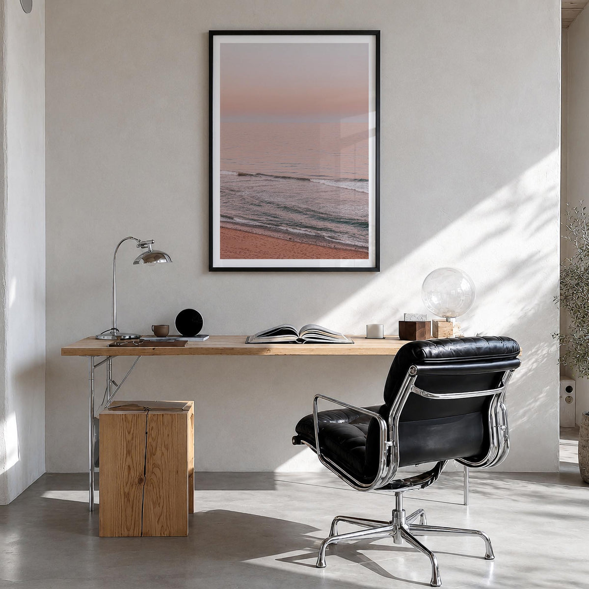Sunset Waves no. 2 colorful photo poster – vertical wall art in black wood frame with white border, hanging on wall