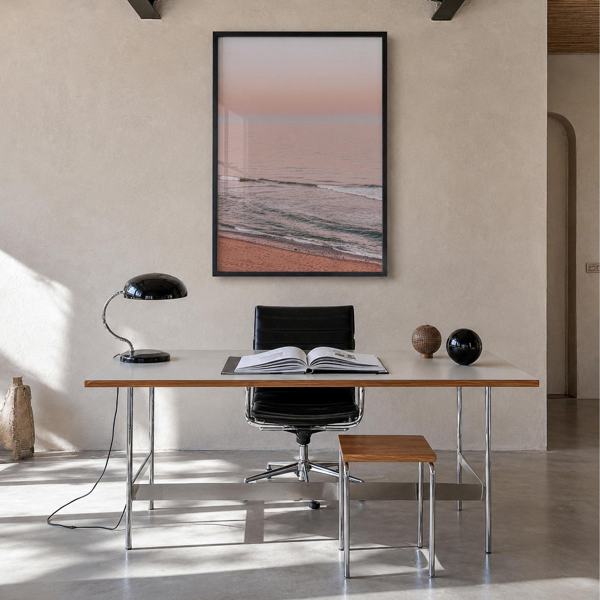 Sunset Waves no. 2 colorful photo poster – vertical wall art in black wood frame, hanging on wall