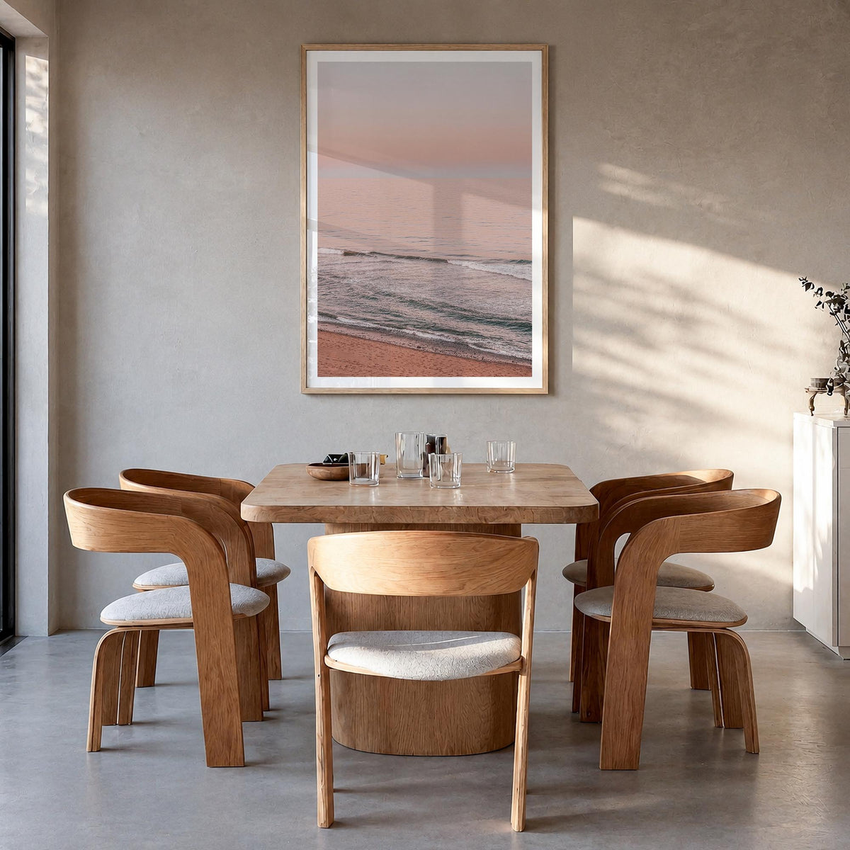 Sunset Waves no. 2 colorful photo poster – vertical wall art in natural wood frame with white border, hanging on wall
