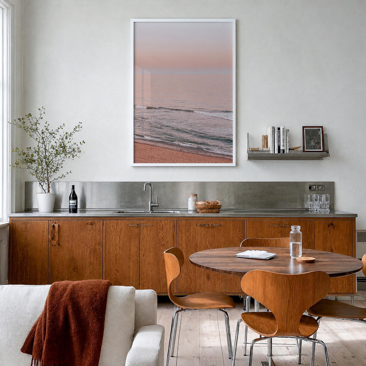 Sunset Waves no. 2 colorful photo poster – vertical wall art in white wood frame, hanging on wall