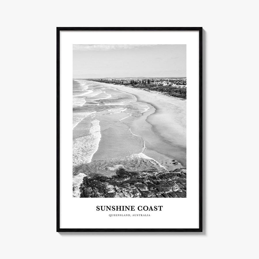 Sunshine Coast black & white classic poster of Queensland, Australia – vertical wall art, unframed print shown in interior mo