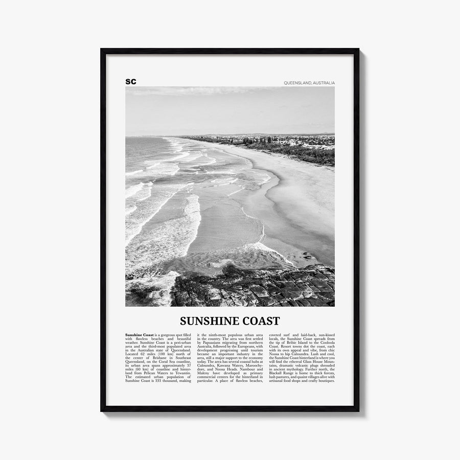 Sunshine Coast black & white newspaper poster of Queensland, Australia – vertical wall art, unframed print shown in interior 
