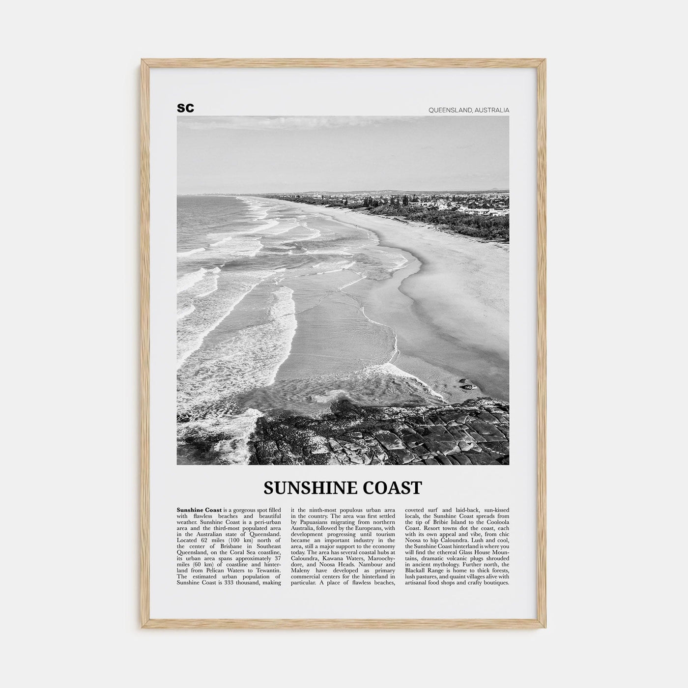 Sunshine Coast Poster Natural Wood / 8x12 in Nbourhood Travel B&W Poster