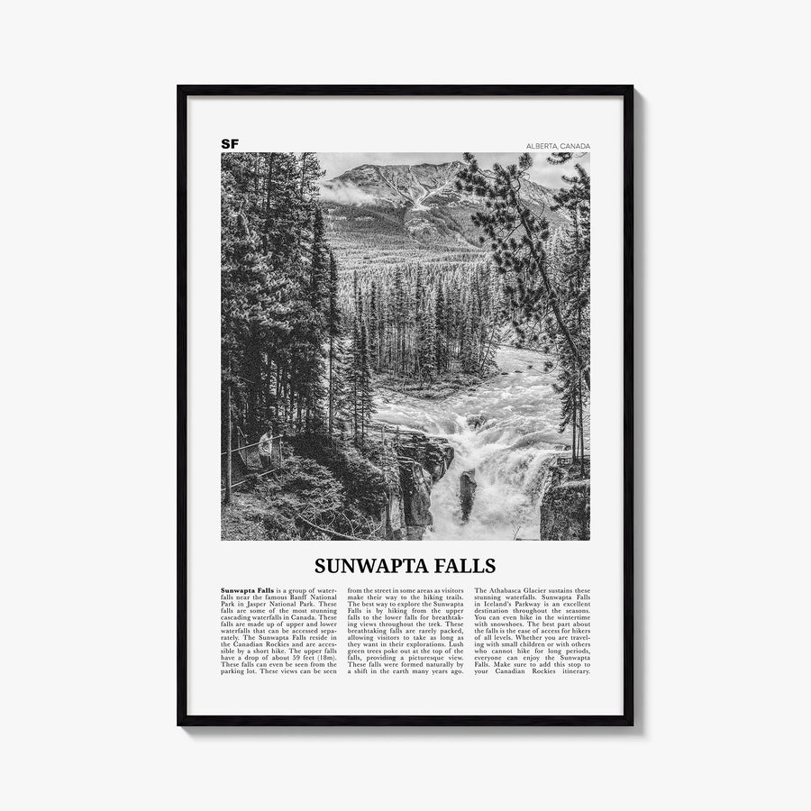 Sunwapta Falls black & white newspaper poster of Canada – vertical wall art, unframed print shown in interior mockup