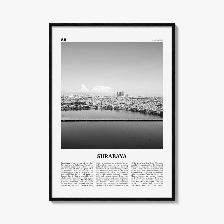 Surabaya black & white newspaper poster of Indonesia – vertical wall art, unframed print shown in interior mockup