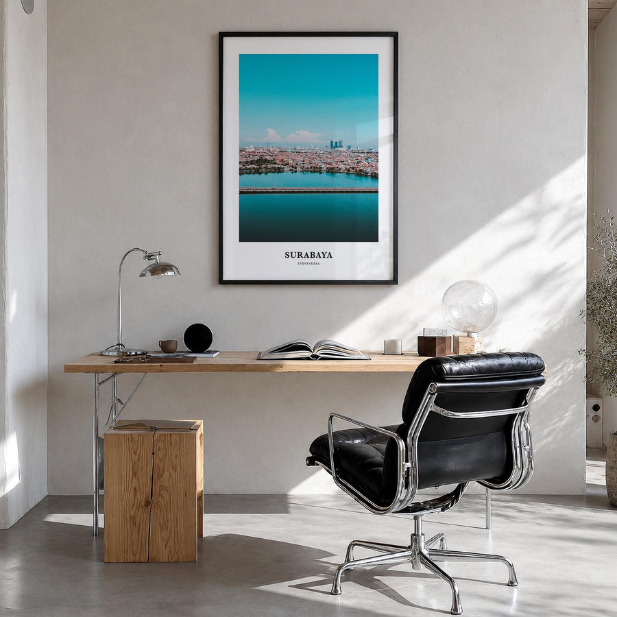 Surabaya colorful classic poster of Indonesia – vertical wall art in black wood frame, hanging on wall