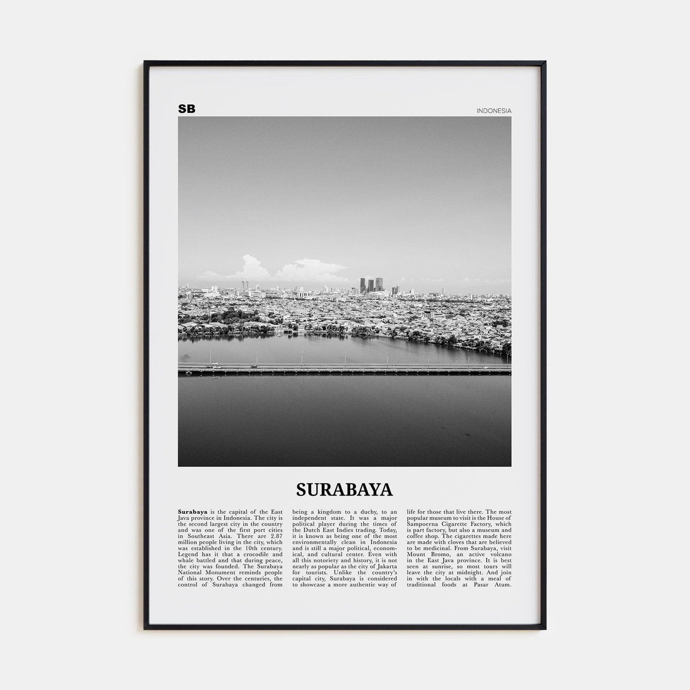 Surabaya Poster Black Metal / 8x12 in Nbourhood Travel B&W Poster