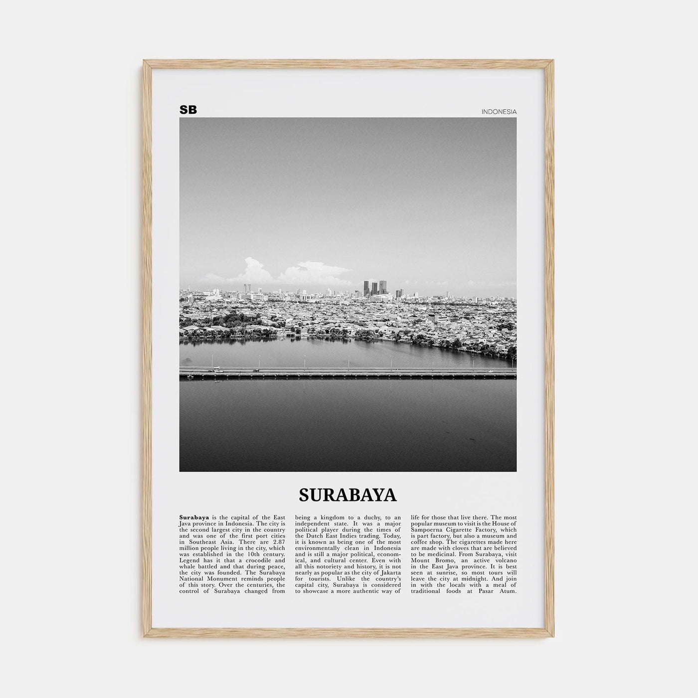 Surabaya Poster Natural Wood / 8x12 in Nbourhood Travel B&W Poster