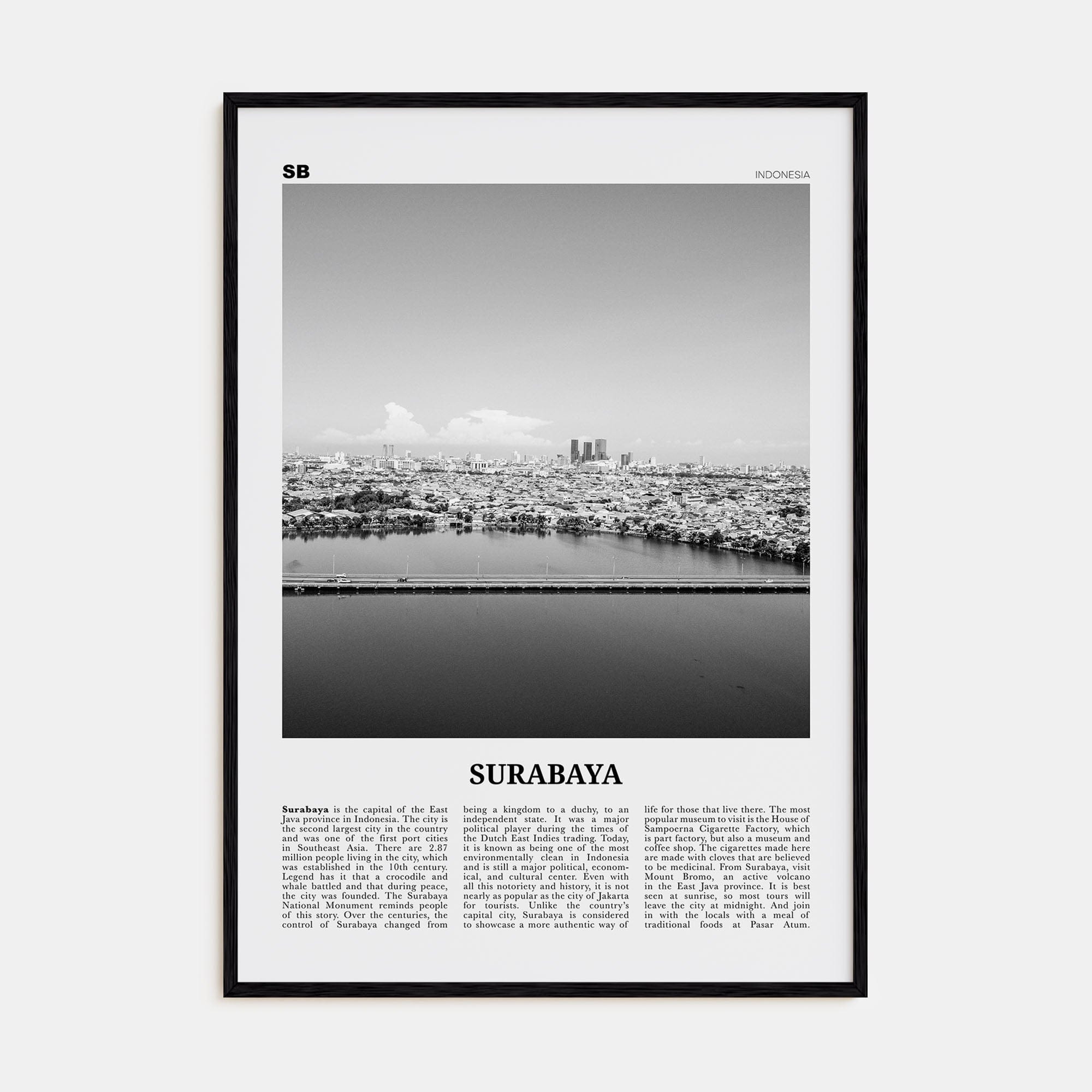 Surabaya Poster Black Wood / 8x12 in Nbourhood Travel B&W Poster