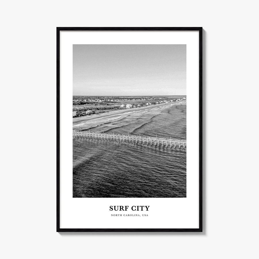 Surf City black & white classic poster of North Carolina, USA – vertical wall art, unframed print shown in interior mockup