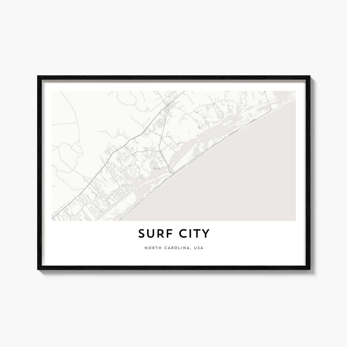 Surf City black & white map poster of North Carolina, USA – horizontal wall art, unframed print shown in interior mockup