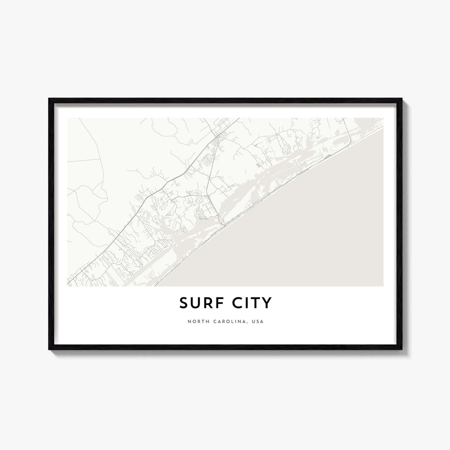 Surf City black & white map poster of North Carolina, USA – horizontal wall art, unframed print shown in interior mockup