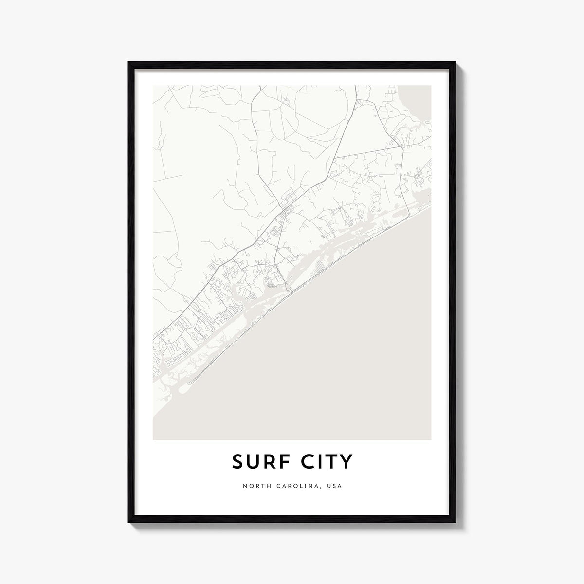 Surf City black & white map poster of North Carolina, USA – vertical wall art, unframed print shown in interior mockup