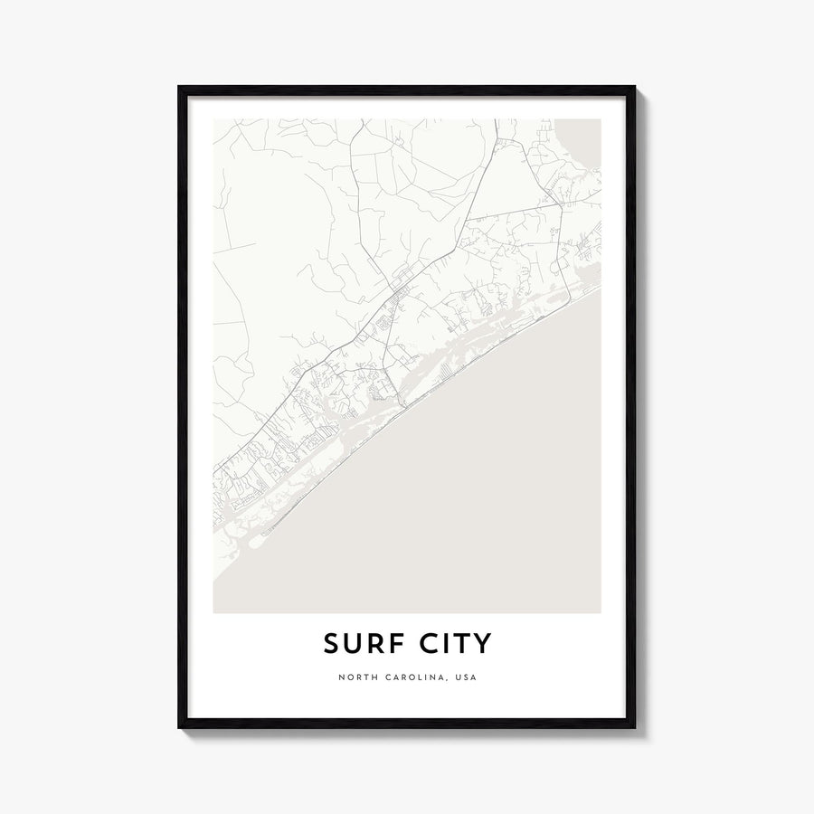 Surf City black & white map poster of North Carolina, USA – vertical wall art, unframed print shown in interior mockup