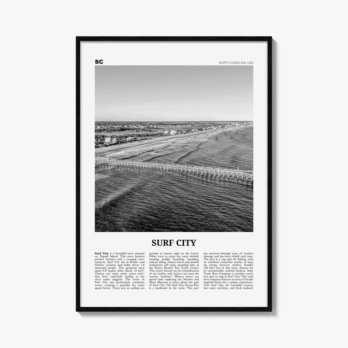 Surf City black & white newspaper poster of North Carolina, USA – vertical wall art, unframed print shown in interior mockup