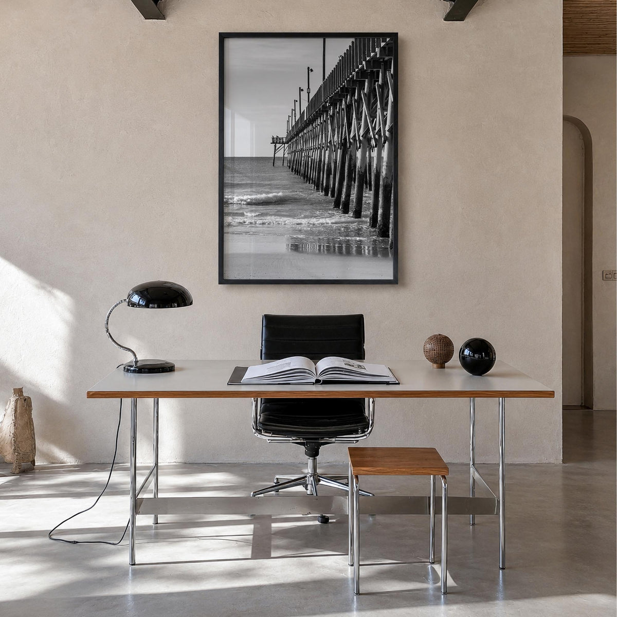 Surf City black & white photo poster of North Carolina, USA – vertical wall art in black wood frame, hanging on wall