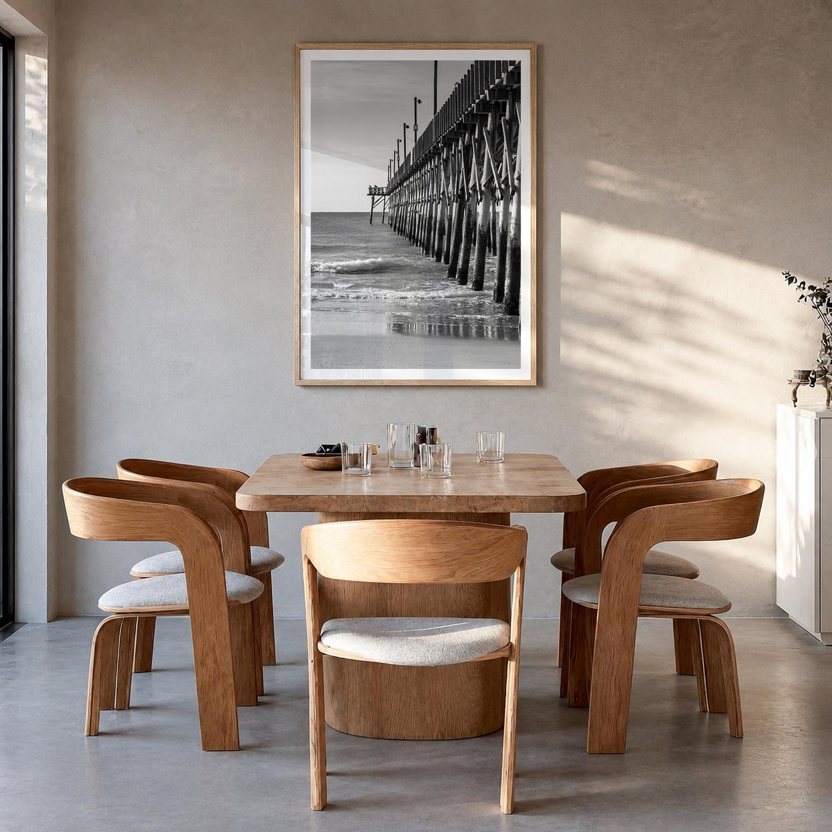 Surf City black & white photo poster of North Carolina, USA – vertical wall art in natural wood frame with white border, hang