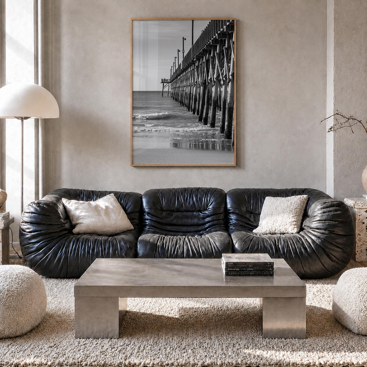 Surf City black & white photo poster of North Carolina, USA – vertical wall art in natural wood frame, hanging on wall