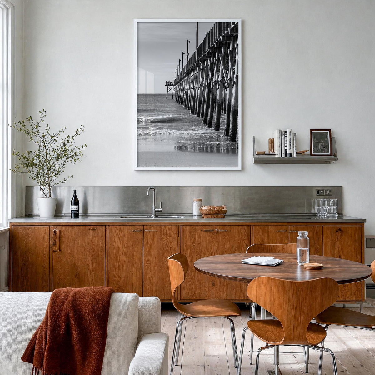 Surf City black & white photo poster of North Carolina, USA – vertical wall art in white wood frame, hanging on wall