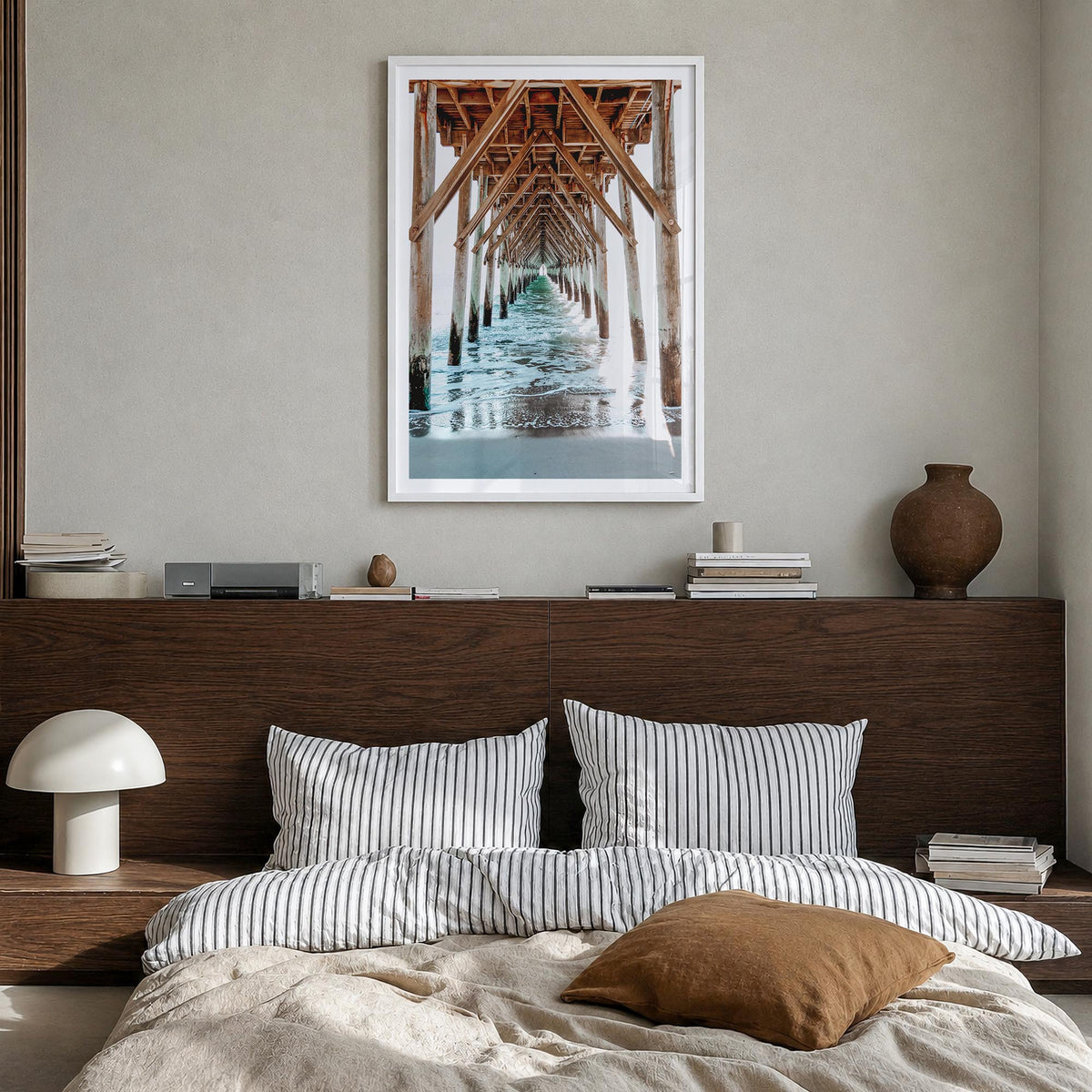 Surf City colorful photo poster of North Carolina, USA – vertical wall art in white wood frame with white border, hanging on 