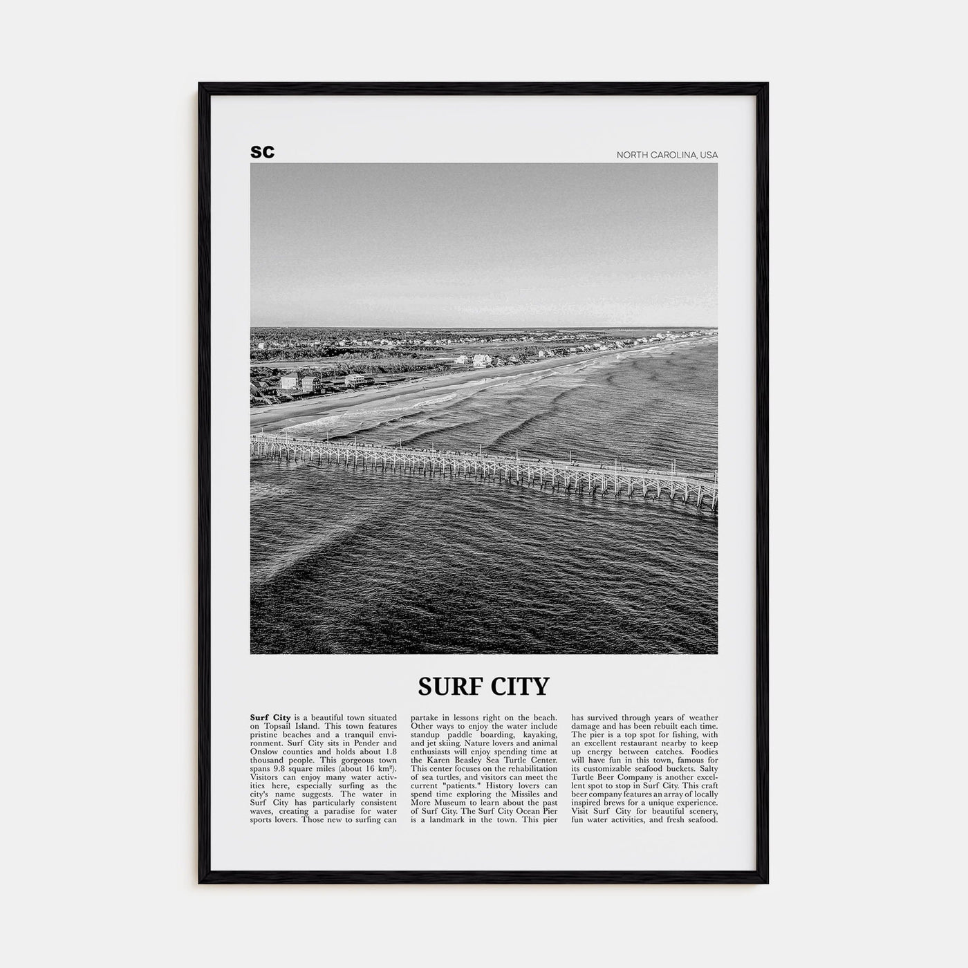 Surf City Poster Black Wood / 8x12 in Nbourhood Travel B&W Poster