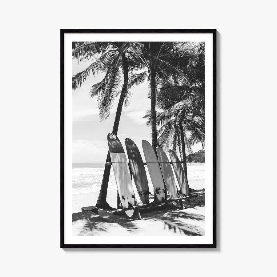 Surfboard no. 2 black & white photo poster – vertical wall art, unframed print shown in interior mockup