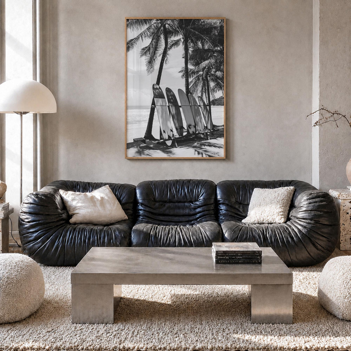 Surfboard no. 2 black & white photo poster – vertical wall art in natural wood frame, hanging on wall