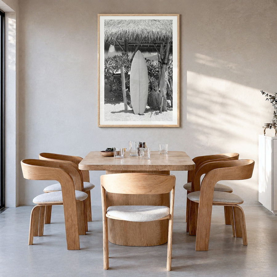 Surfboard Photo No 1 Poster in a natural wood frame, hanging in a dining room, white border